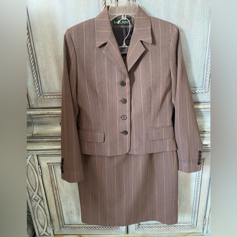 Harve Benard Taupe Pencil Skirt and Jacket with Pinstripes (Brown and Orange)